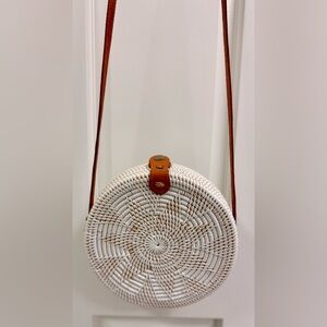 HANDMADE White Woven Boho Rattan Round Crossbody Leather Strap Tropical Lining